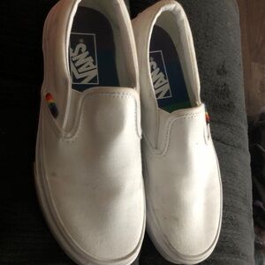 Vans Kids White Slip-On Sneakers with Rainbow Tab